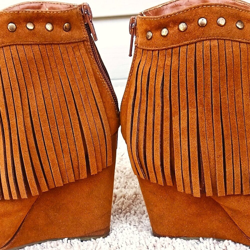 Adriana New York Cognac Suede Fringe Peep-Toe Wedge Booties - Picture 6 of 7